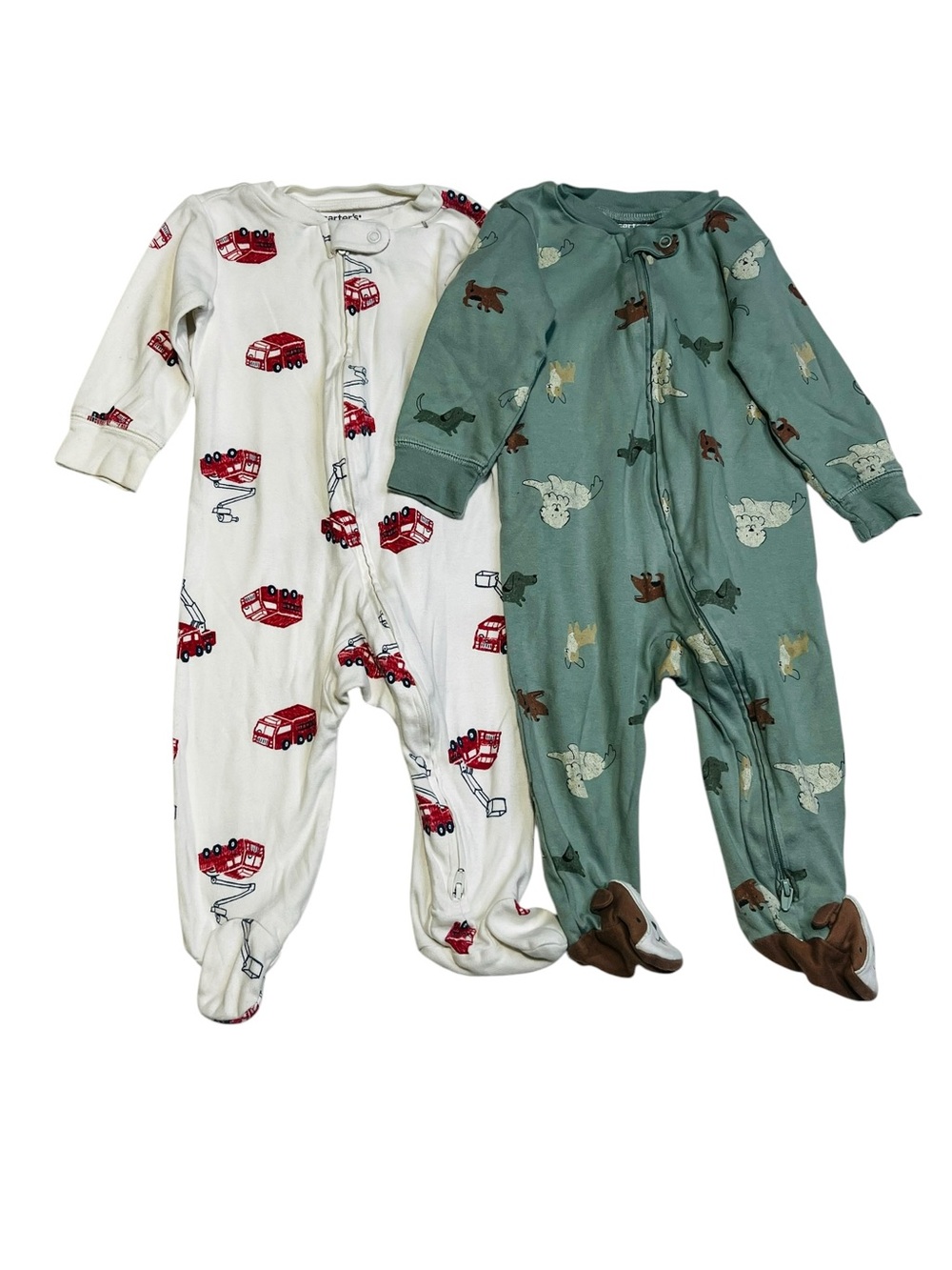 Carter's 2-Pack Footed One-Pieces - White‎ with Red Trucks & Green Animal Print